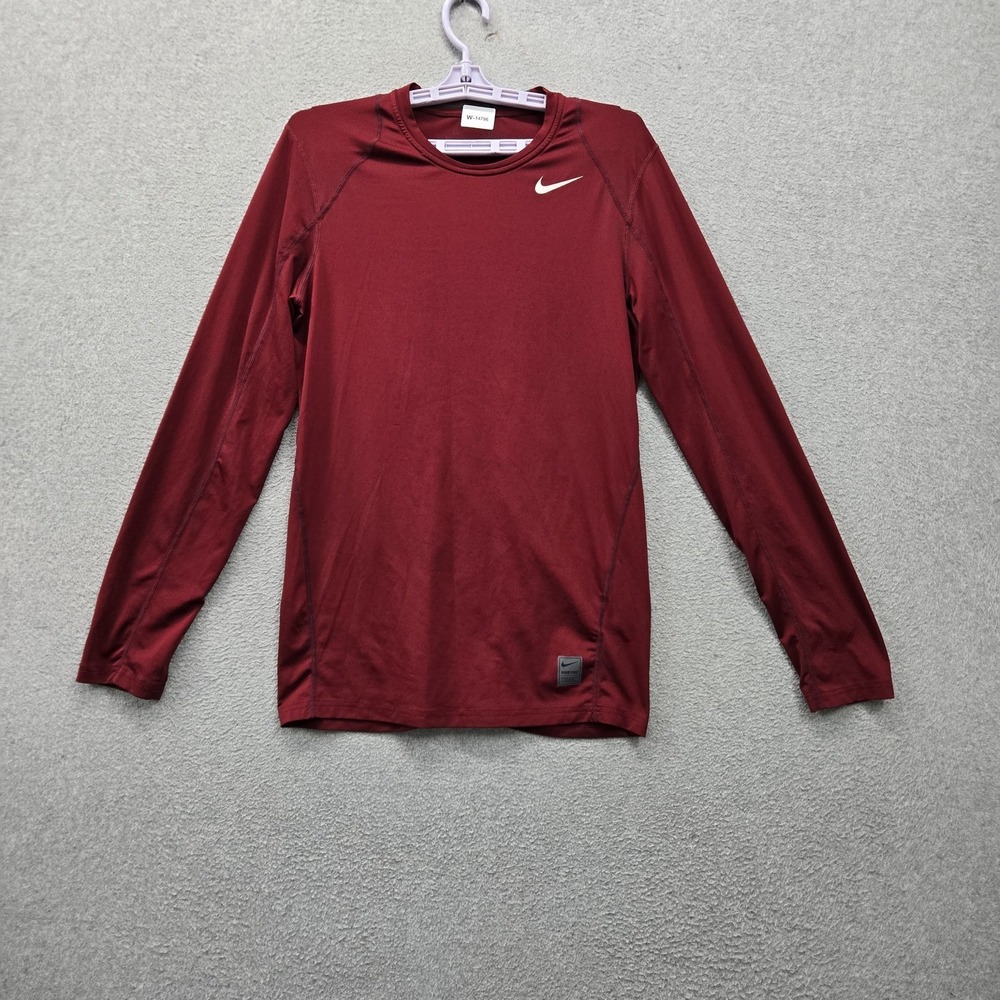 Nike Men Activewear Top SMALL Red Dri-Fit Nike Pro Logo Slim Long Sleeve Stretch